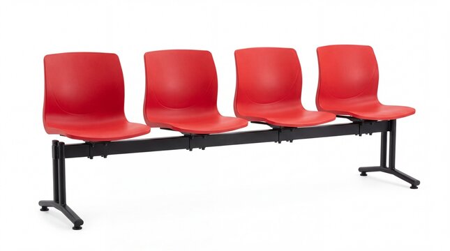 Four modern red plastic chairs arranged in row with black metal frame on white background
