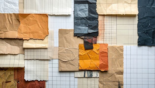 assorted torn paper strips, graph sheet and kraft square arranged in a creative collage