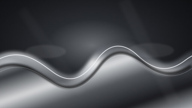 Elegant abstract silver wave flowing across a dark grey metallic background with soft glowing light and smooth futuristic curves for design