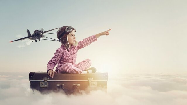 Little girl in pilot hat sitting on suitcase pointing at airplane in the clouds
