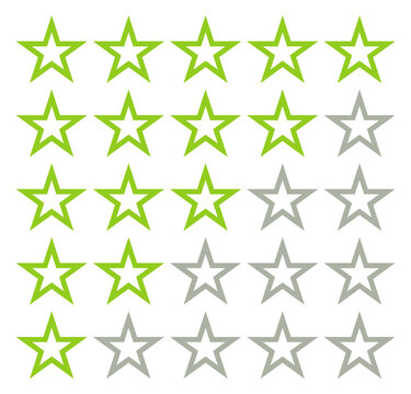 five star rating scale icon vector, twenty five outlined star symbols in green and gray showing fifteen active and ten inactive ratings, review score evaluation and satisfaction graphic