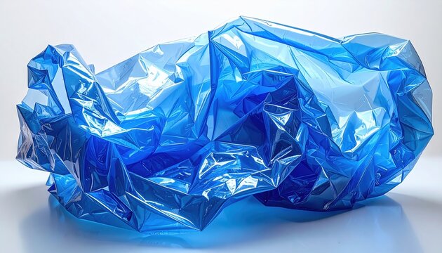 Crumpled translucent blue plastic film sheet with glossy reflections on a transparent background