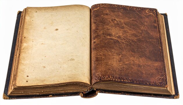 Open vintage brown leather journal with handmade deckled paper pages isolated on transparent background