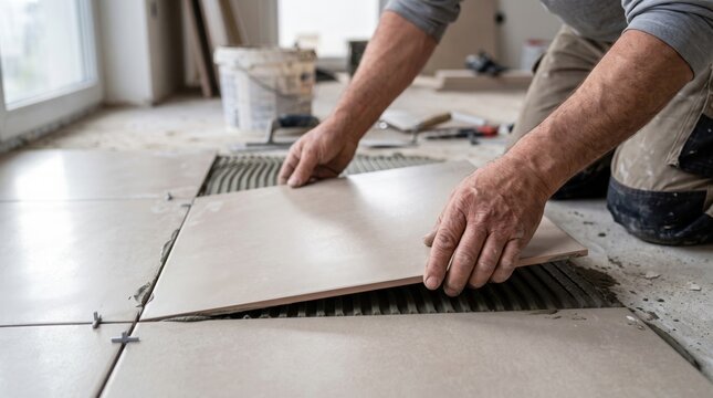 Close-up of a construction worker's hands carefully laying a new tile onto a floor with adhesive