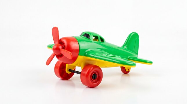 Brightly colored plastic propeller toy airplane showing vivid green red and yellow on white background