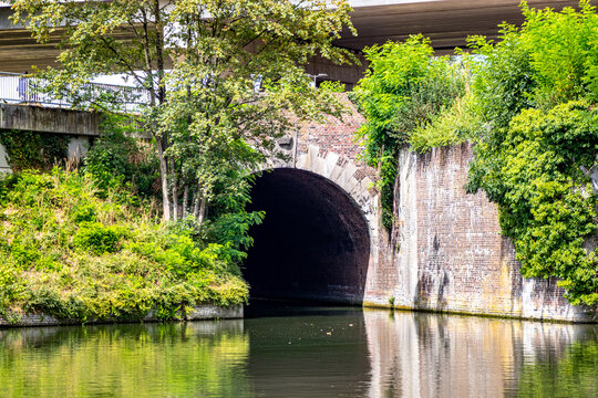 Bridge with tunnel over the calm water canal, brick walls with green wild vegetation, leafy trees, two-level vehicular bridge crossing the canal, sunny summer day in southern Limburg, Netherlands