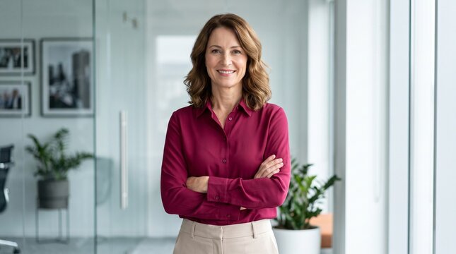 Professional businesswoman standing with arms crossed in a modern bright office interior