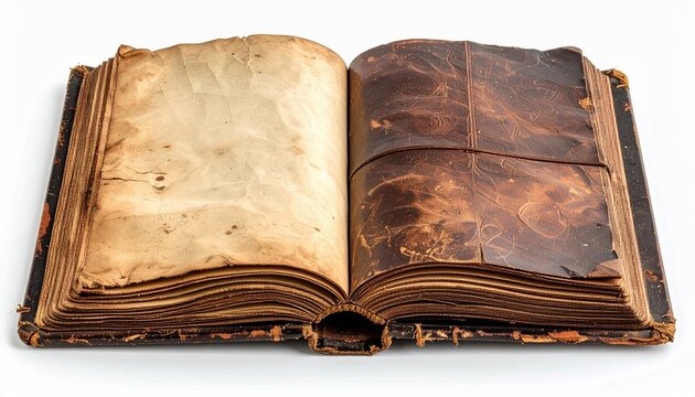 Open vintage brown leather journal with handmade deckled paper pages isolated on transparent background
