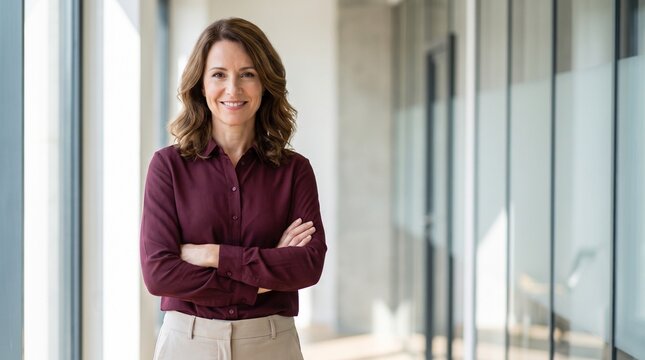 Professional businesswoman standing in a modern office with arms crossed and smiling.