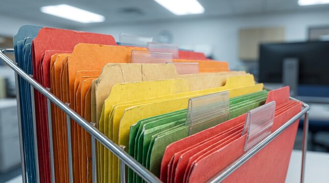 Organized colorful hanging file folders in a metal rack at an office.