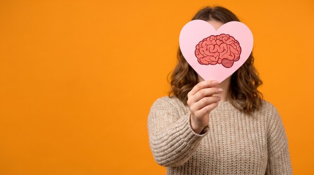 Woman holding a pink paper heart with a brain illustration over her face on a bright orange studio background, symbolizing emotional intelligence, mental health awareness, logic, and inner balance.