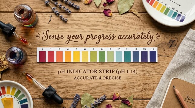Flat lay of pH indicator strips and dropper bottles on a wooden surface, science and chemistry concept