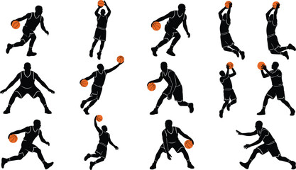 Set of male basketball player silhouettes in dynamic stances including dribbling shooting and slam dunk isolated on white (18 words) © MDSabbir
