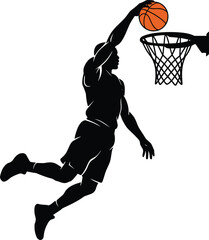 Male basketball player silhouette jumping high in mid air to perform a powerful slam dunk isolated on white (17 words) © MDSabbir