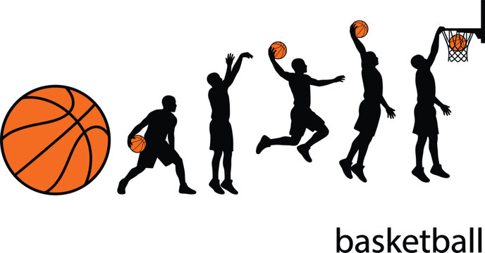 Evolution of basketball player motion sequence from dribbling to jump shot and powerful slam dunk scoring isolated on white (18 words)