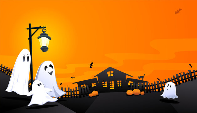Halloween background with ghosts in the graveyard for a party invitation poster. 