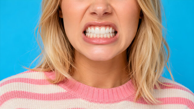 Closeup of woman showing clenched teeth and dental discomfort for oral health awareness tooth pain sensitivity anxiety and healthcare concepts