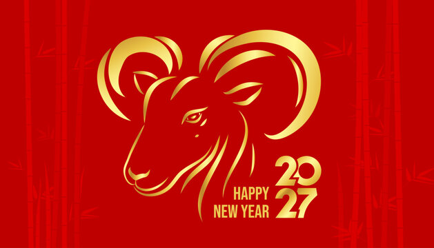 Happy New Year 2027. Year of the golden goat celebration on an elegant traditional art background. 