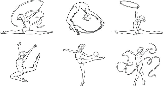 Rhythmic gymnast female athletes performing routines with ribbon hoop ball apparatus in professional artistic competition (16 words)