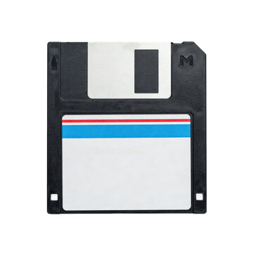 Black 3.5 inch floppy disk with a blank white label and red and blue stripes isolated on a transparent background
