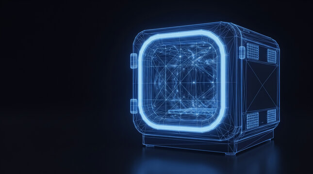 Glowing blue wireframe 3d printer design showing intricate structural geometry with illuminated lines and digital nodes floating inside a dark environment creating a futuristic high tech industrial ma