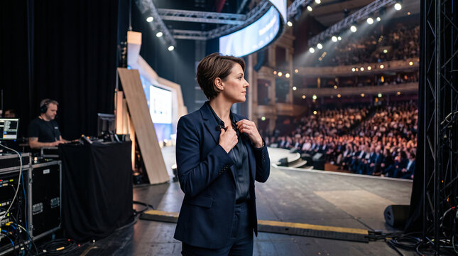 Professional female speaker standing on a large stage preparing to give a presentation to a live audience