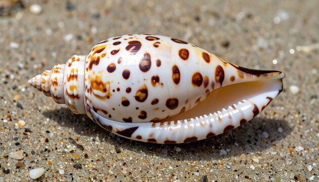 top view of spotted tiger cowrie shell, glossy natural shell surface, tropical beach specimen