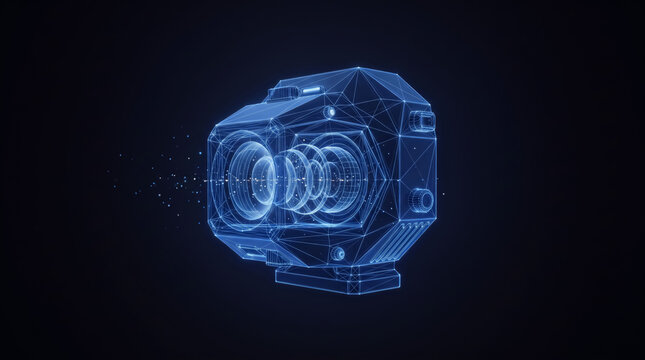 Digital holographic wireframe of a professional cinema camera lens assembly displaying intricate glowing blue geometric lines and particle data points suspended against a deep dark black background fo