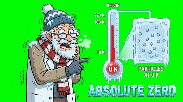 Cartoon scientist explaining absolute zero temperature and particle motion on green screen