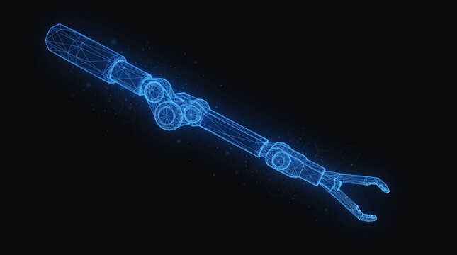 Robotic arm manipulator featuring blue glowing digital wireframe mesh construction rendered in three dimensional perspective against dark black background for advanced industrial automation concepts i