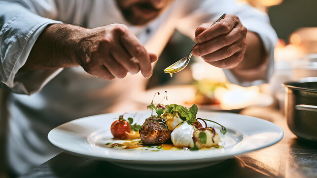 A chef in a white uniform adding the finishing touch, such as oil or sauce with a small spoon, onto a gourmet plated dish