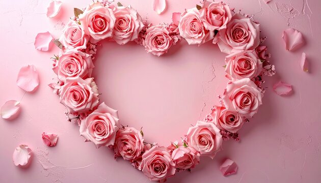 romantic heart shaped decorative frame with pink floral rose ornaments, elegant wedding and Valentine inspired design