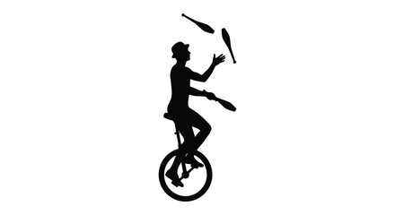 Naklejka premium Silhouette of a unicyclist juggling clubs against a white background juggler unicycle performance circus entertainment