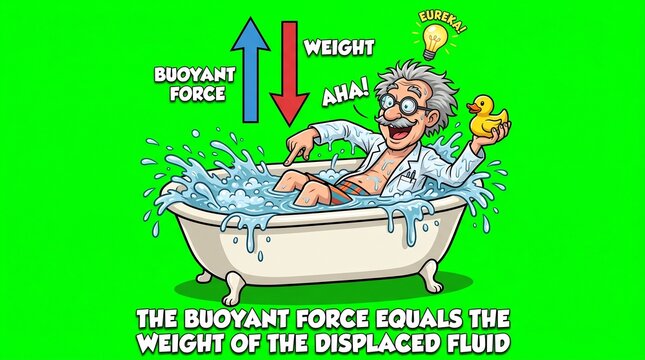 Cartoon scientist demonstrating Archimedes principle of buoyancy in a bathtub