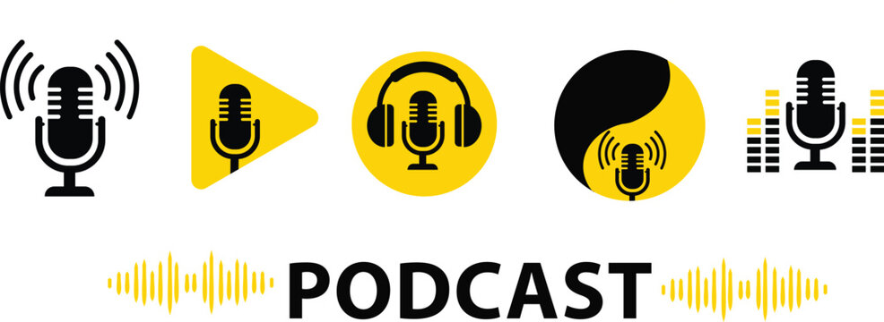 Podcast mic logo icons set in black and yellow colors for radio streaming audio branding.