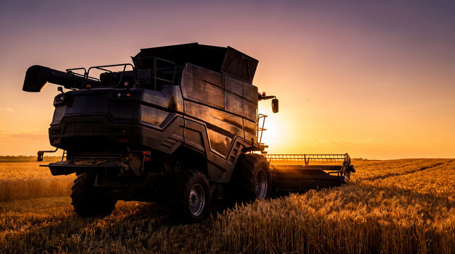 Modern Agricultural Machinery Harvesting Cereal Crops in Countryside