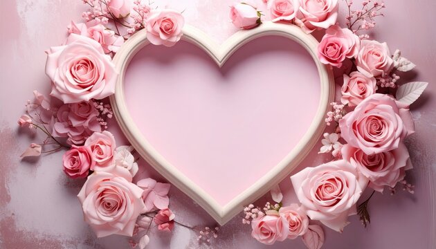 romantic heart shaped decorative frame with pink floral rose ornaments, elegant wedding and Valentine inspired design