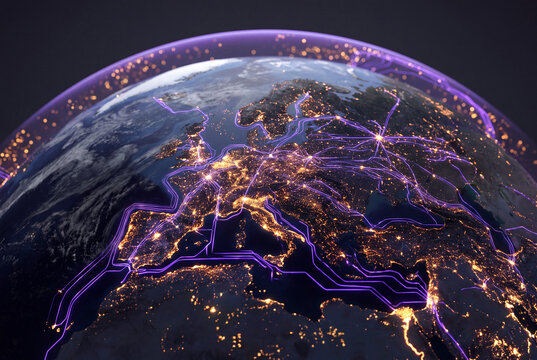 Abstract 3D planet Earth at night with glowing purple network lines and golden city lights for global connectivity concept