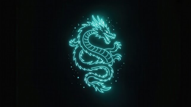 Neon blue glowing dragon illustration on a dark background