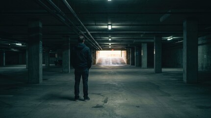 Naklejka premium Man standing alone in empty underground parking garage viewed from behind