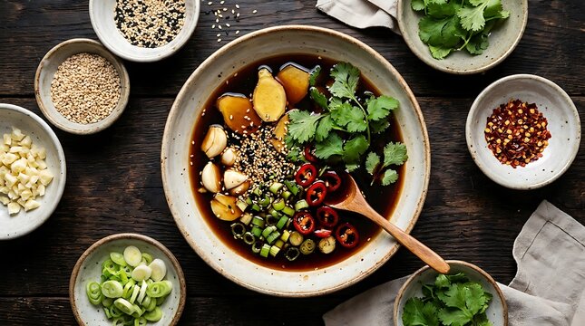 Bowl of delicious asian soup with fresh herbs and spices on a dark wooden table top view. marinade variations