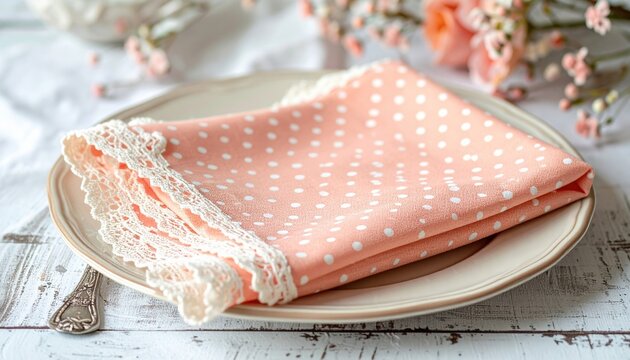 peach pink polka dot fabric napkin with cream lace border, soft feminine farmhouse decoration
