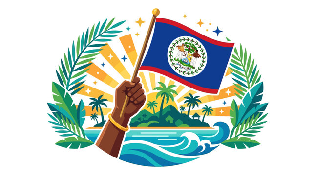 Hand Holding Belize Flag with Tropical Scenery Symbolizing National Pride