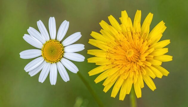 two yellow wildflower heads, dandelion and daisy, delicate natural botanical arrangement