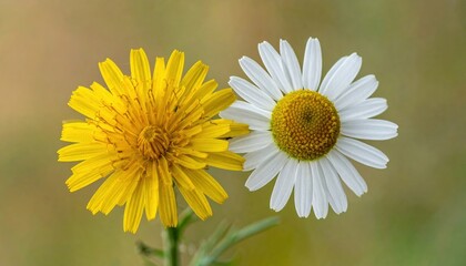 Obraz premium two yellow wildflower heads, dandelion and daisy, delicate natural botanical arrangement