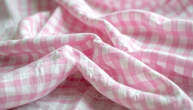 crumpled pink and white gingham cloth napkin, soft cotton wrinkles, romantic farmhouse textile