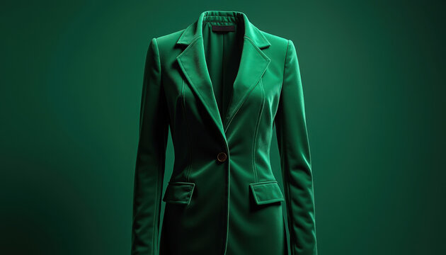 green blazer jacket on dark seamless green background, tailored single-button blazer with notch lapels, flap pockets and structured shoulders, green blazer staged for fashion photography,