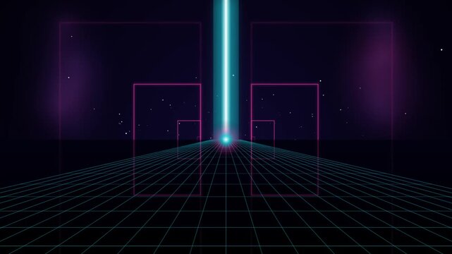 Dynamic cyberpunk horizon with cyan perspective grid and floating rectangles. Vaporwave VJ loop motion graphics on a starry dark background