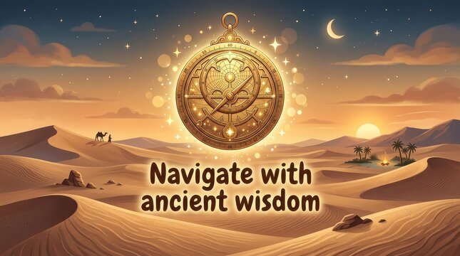 Golden astrolabe floating over a surreal desert landscape at sunset with a camel caravan and oasis, symbolizing ancient wisdom and navigation