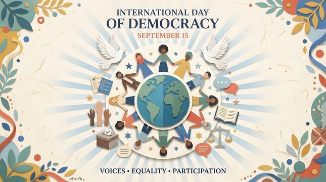 Floral ornament with globe and hands encircling international democracy day illustration